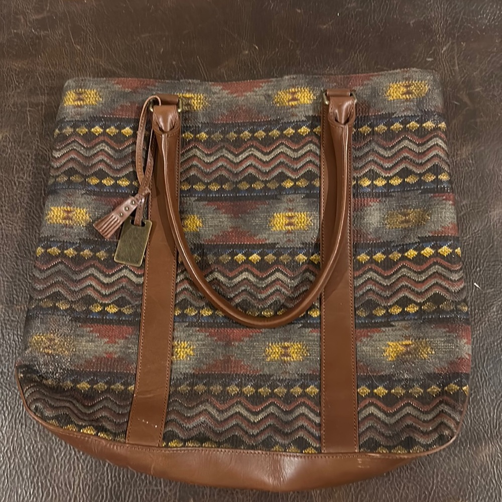 trask, Navajo, print and leather, trimmed hobo bag